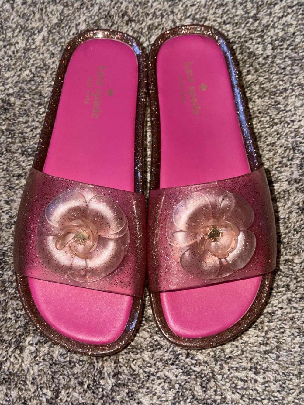 Kate Spade Pink Glitter Jelly Slides with Floral Accent NWOT